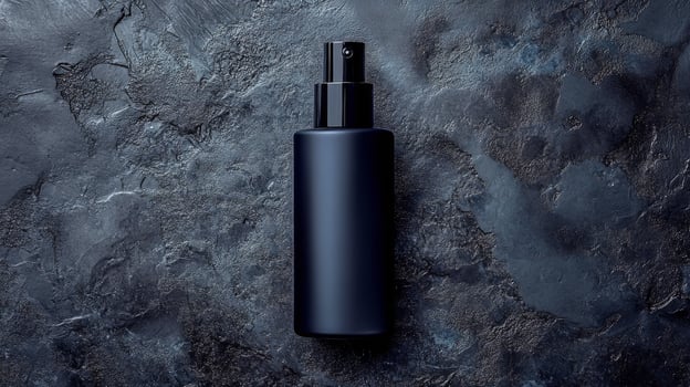 Amber glass spray bottle filled with liquid displayed against a dark background photo