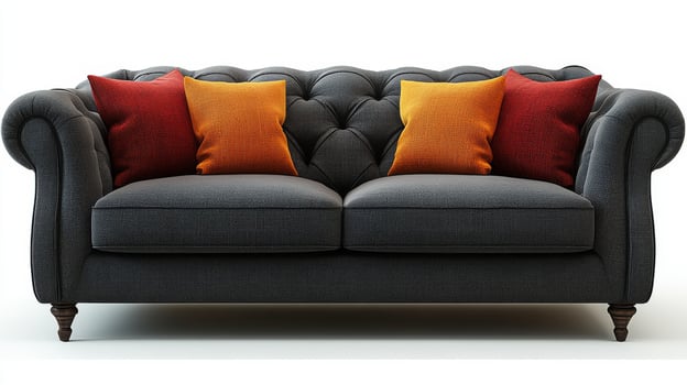 Cozy modern living room featuring a stylish curved sofa and elegant decor in warm tones photo