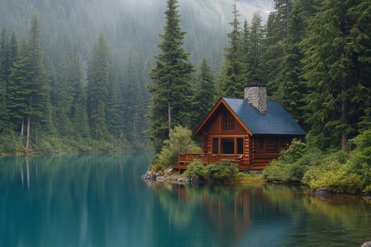 Serene log cabin retreat surrounded by lush greenery and tranquil waters in the morning light photo