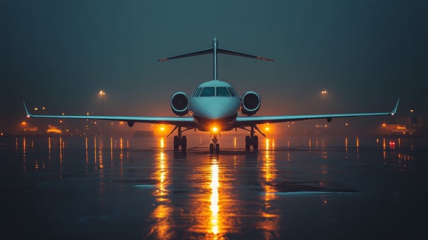 Private jet flying above the clouds during a stunning sunset over a scenic horizon photo
