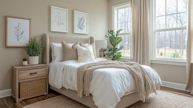 Soft, natural light fills this cozy bedroom featuring a comfortable bed dressed in white linens and a chunky knit throw. Minimalist decor and greenery enhance the calming atmosphere. photo