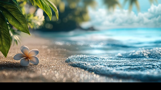 A white flower is on the sand next to the ocean photo