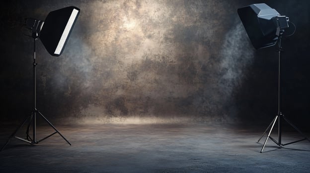 Two lighting fixtures are set up in front of a wall photo