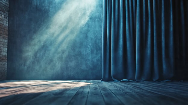 A blue curtain hangs in front of a wall photo