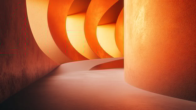 A long, narrow hallway with orange walls and a floor photo