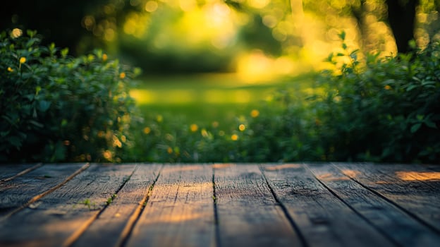A wooden deck with a view of a lush green park photo