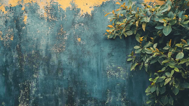 A wall with a green leafy plant growing out of it photo