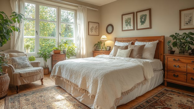 A serene bedroom features a wooden bed with cozy linens and decorative pillows. Sunlight streams through large windows, illuminating various plants around the room. photo