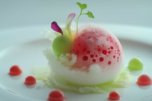 Innovative Molecular Cuisine Dish Masterfully Plated on Minimalist Artistic Setting photo