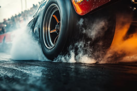 Race Car Burnout Rear Wheels Spinning with Smoke and Rubber photo