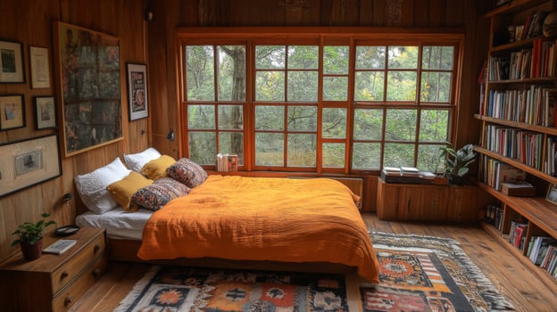This inviting bedroom features a comfortable bed with an orange quilt and pillows, surrounded by natural wood walls. Large windows provide a peaceful view of the lush outdoor landscape. photo