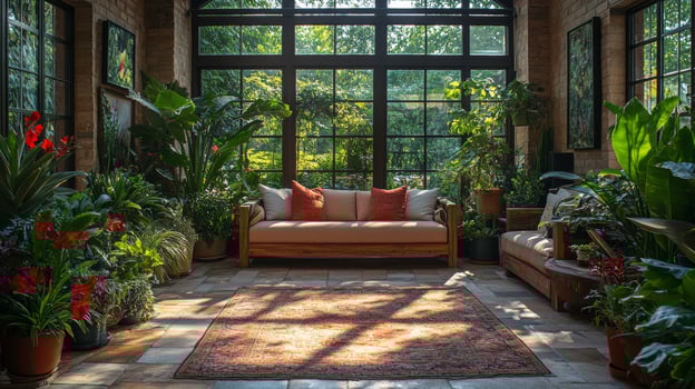 A tranquil indoor garden features an array of vibrant plants and comfortable seating. Sunlight streams through large windows, creating a calming atmosphere with warm colors. photo