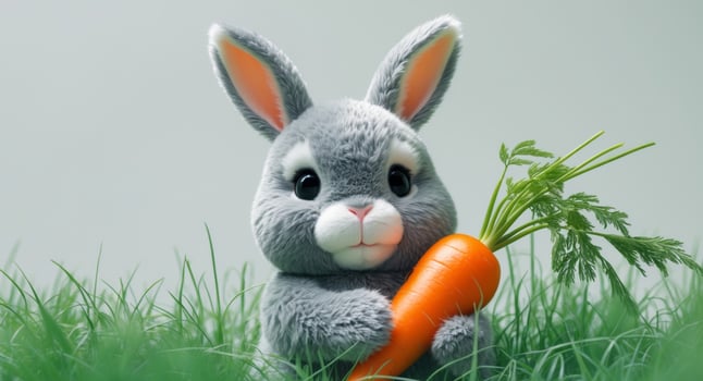 A stuffed rabbit holding a carrot in the grass photo