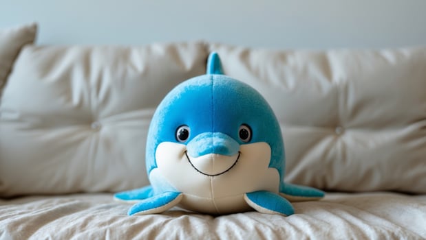 Blue Plush Dolphin Toy on a Couch Cushion. photo