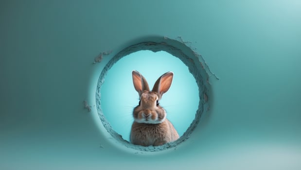 rabbit coming through a hole in the aqua background photo