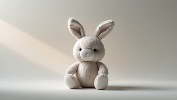 Soft stuffed bunny toy in a neutral setting. photo