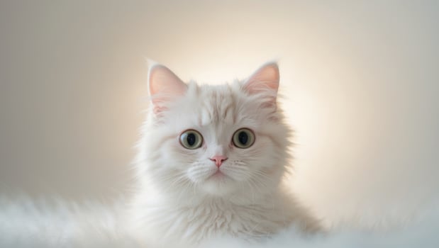 A white cat with big eyes sitting on a fluffy rug photo