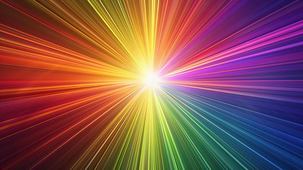 A rainbow light beam is shining in the center of the image photo
