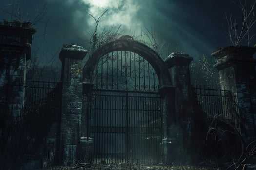 The gate to a dark, creepy graveyard photo