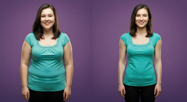Transformation journey. young caucasian woman before and after lifestyle change photo