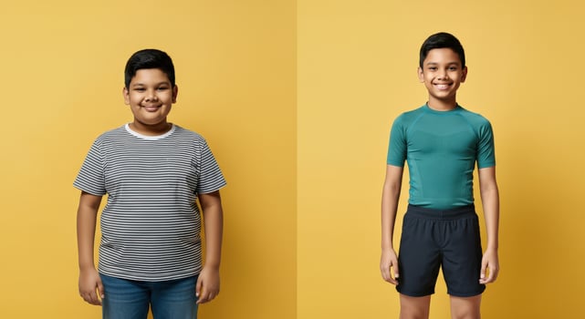 Transformation journey of a hispanic boy from childhood to youth in casual wear photo