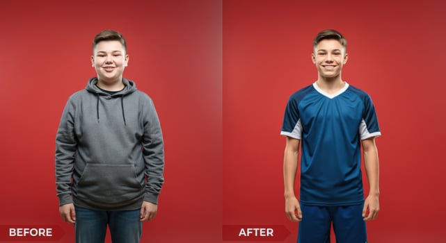 Inspiring weight loss transformation of young caucasian male teen before and after progress photo