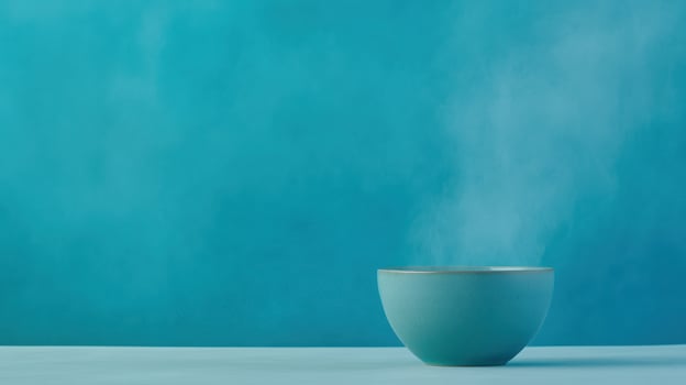 Porcelain Dye Workshop Featuring a Minimalist Green Screen Backdrop with Ceramic Bowl and Emanating Steam for Contemporary Design and Conceptual Art photo