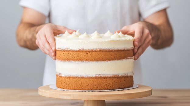 Baker Applying Smooth Cream Frosting to Delicious Layered Cake in Professional Kitchen Setting with Focus on Pastry Craftsmanship and Culinary Artistry for Gourmet Dessert Presentation Photography photo