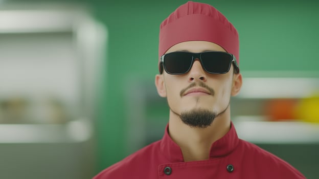 Blind Chef Wearing Red Uniform and Sunglasses in Professional Kitchen with Focused Expression on Culinary Expertise photo