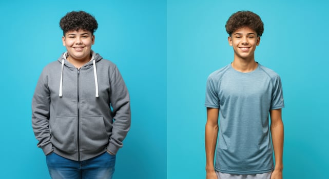 Side-by-side portrait of hispanic teenage boys with different styles in casual wear photo