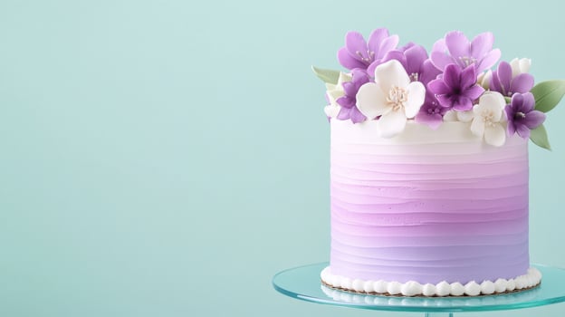 Gradient cake decorated with edible flowers in purple and cyan tones on a modern glass table photo