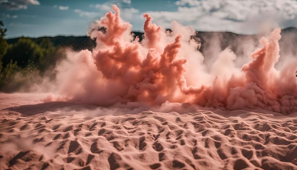 Pink Smoke Explosion in Desert Landscape photo