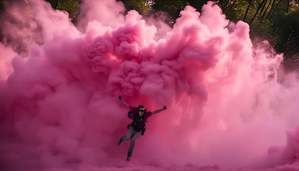 Man Jumping Through Pink Smoke photo