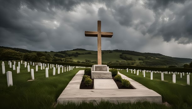Wooden Cross Overlooking a Military Cemetery photo