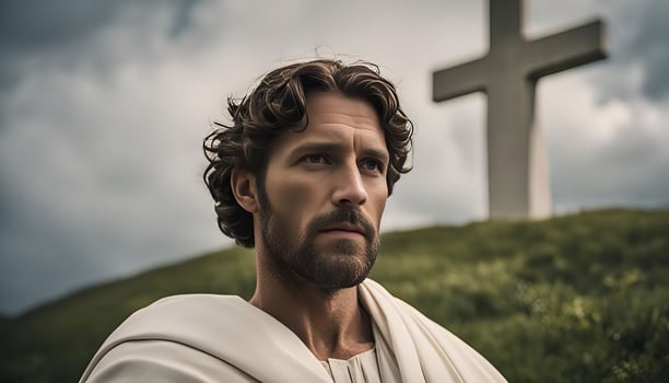 Man Looking Towards a Cross on a Hill photo