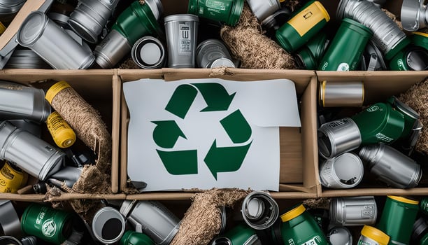 Recycle Symbol with Metal Cans in Cardboard Box photo
