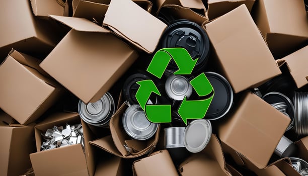 Recycle Symbol Over Cardboard Boxes Cans photo