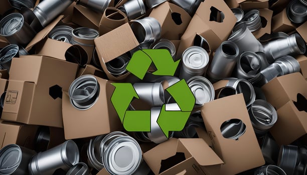 Recycle symbol on a pile of aluminum cans and cardboard boxes photo