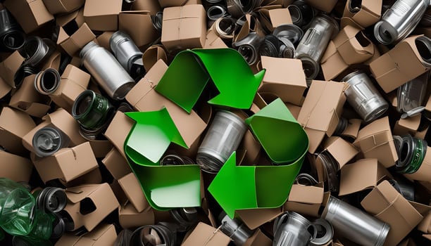 Green Recycling Symbol on a Pile of Cardboard and Metal photo