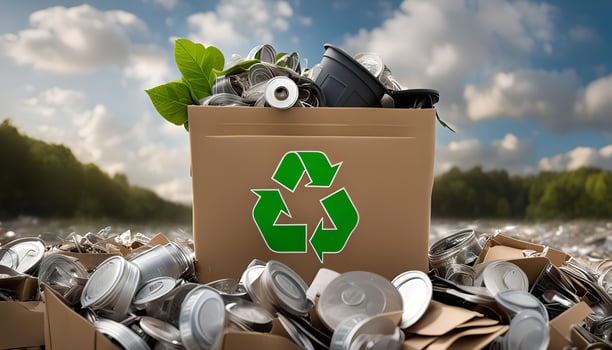 Recycle Bin with Recycling Symbol on Pile of Aluminum Cans and Cardboard photo