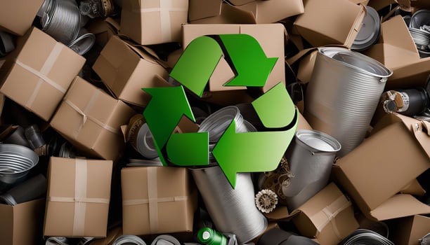 Recycling Symbol on a Pile of Cardboard Boxes and Cans photo