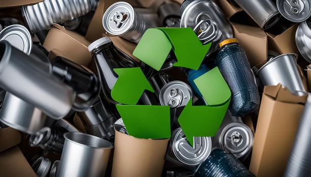 Recycle Symbol on a Pile of Aluminum Cans photo