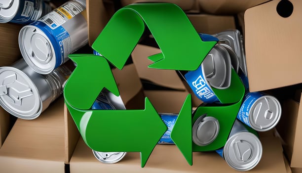 Green Recycling Symbol on Cardboard Boxes with Aluminum Cans photo