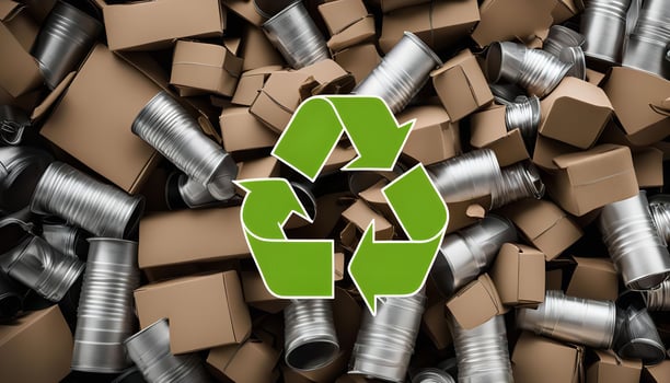 Recycle Symbol on a Pile of Cardboard and Aluminum Cans photo