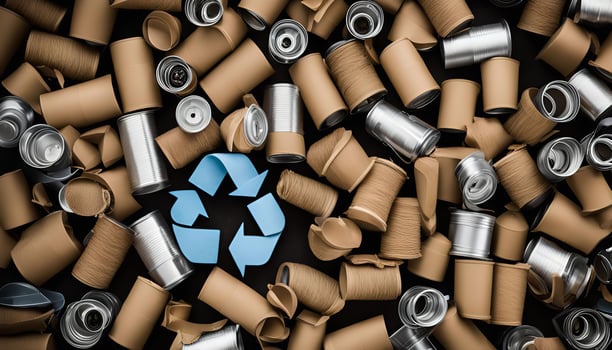 Recycle Symbol Surrounded by Cans and Cardboard photo
