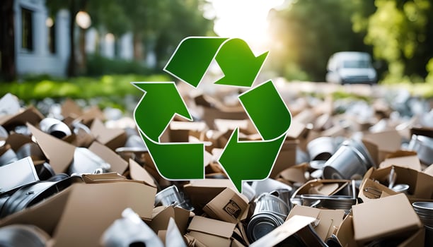 Recycle symbol on pile of cardboard and metal waste photo
