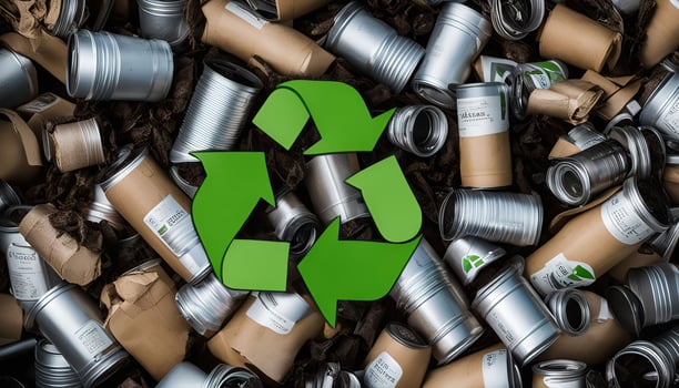 Recycle A Pile of Empty Cans with Green Recycling Symbol photo