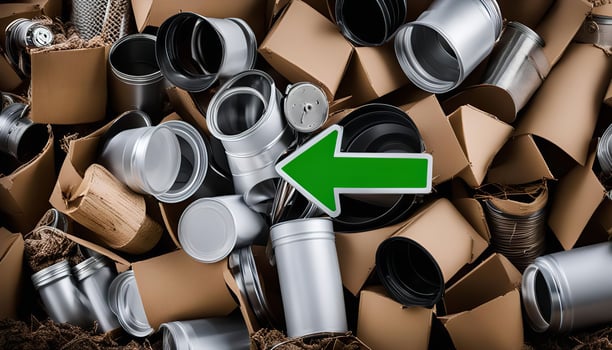 Pile of Cardboard Boxes and Metal Containers with Green Arrow photo