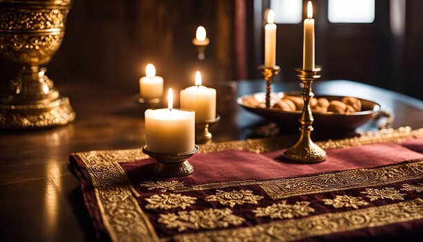 Candles on a Table with a Golden Tablecloth photo