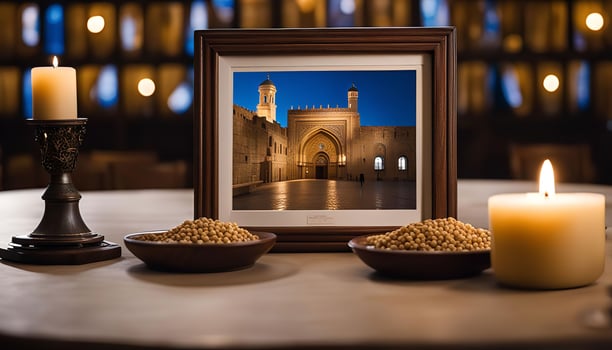 Framed Mosque Image with Candles and Decorations photo